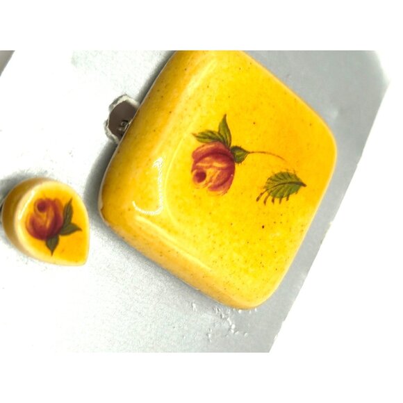 NOS Lamarche Canada Brooch & Earrings Set Ceramic Rose Hand Painted VTG - Picture 3 of 5